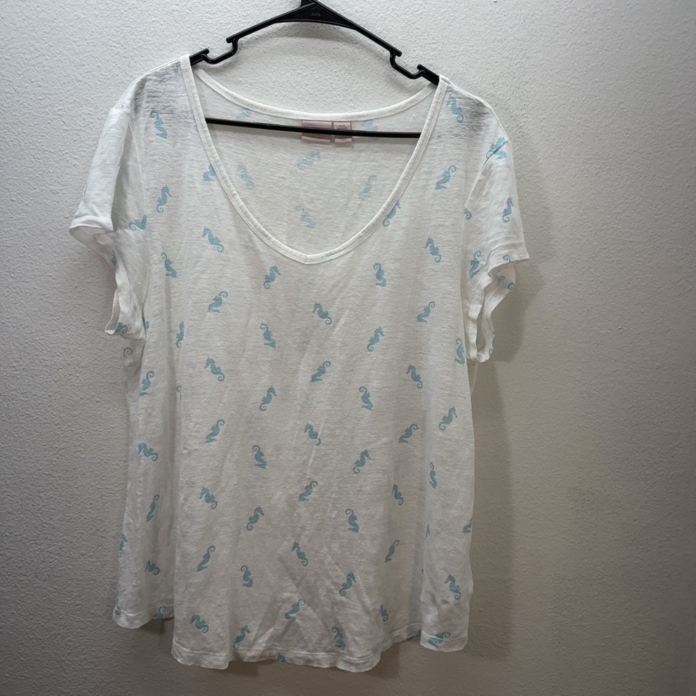 St. Tropez West 100% Linen V Neck Seahorse Novelty Print Top V Neck Shirt sz XL